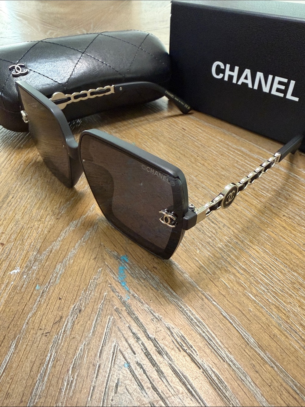 CHANEL Black Square Sunglasses with Silver CC Accents - Picture 6 of 9